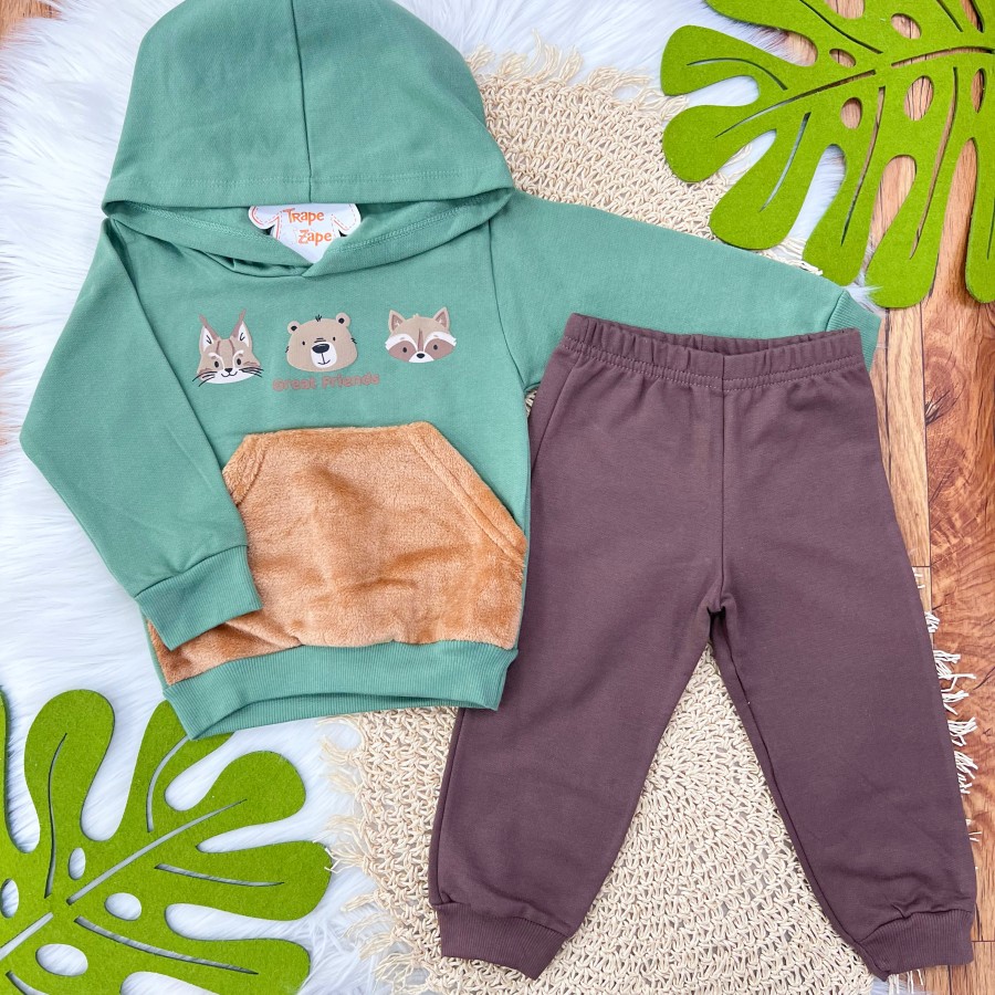 Conj. Casaco Great Friends com Pelinhos e Calça de Moletom - Verde e Marrom